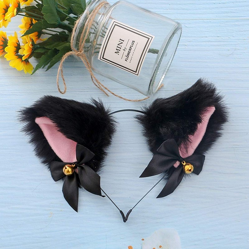Fxaelian Animal Faux Fur Fox Cat Dog Ears Headband Halloween Cosplay Costume Party Headbands for Women Men Adult with Bell Black - Image 2